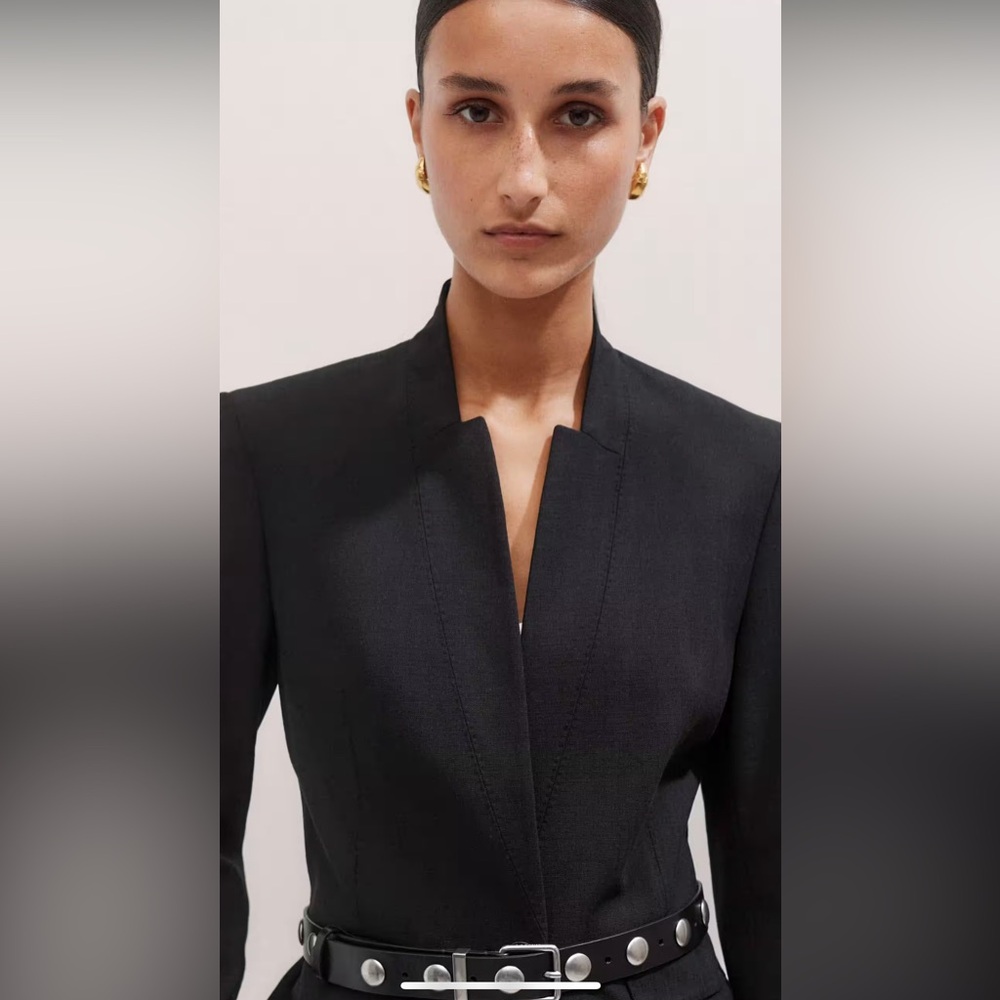 ME + EM WOMEN’s TEXTURED TAILORING COLLARLESS BLACK BLAZER CORPCORE QUIET LUXURY - Picture 3 of 16